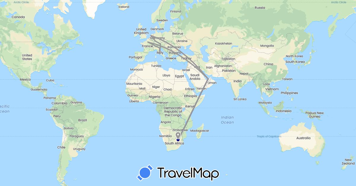 TravelMap itinerary: driving, plane in United Arab Emirates, Austria, Switzerland, Germany, France, Italy, Netherlands, South Africa (Africa, Asia, Europe)